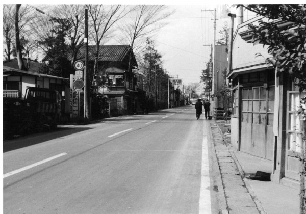 府中県道を中央に、2人の人物が道を歩いているのが小さく見える。周辺には樹木や古い店舗が見える